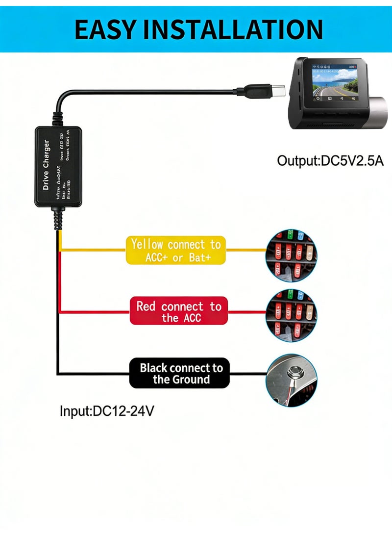 JOUDIYA Universal Car Dash Cam Hardwire Kit, Type-C Power Supply Cable for GPS, CarPlay, Radar Detector, Parking Monitoring, Drive Recorder - Image 4